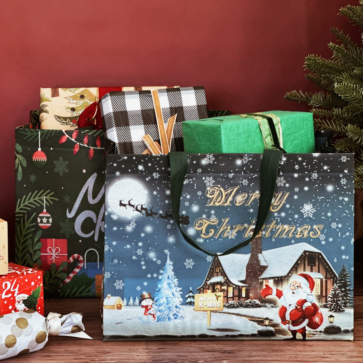 Wrapables Non-Woven Reusable Christmas Holidays Gift Bags with Handles for Gift Wrap, Parties, Favors and Treats (Set of 8), Blue Night