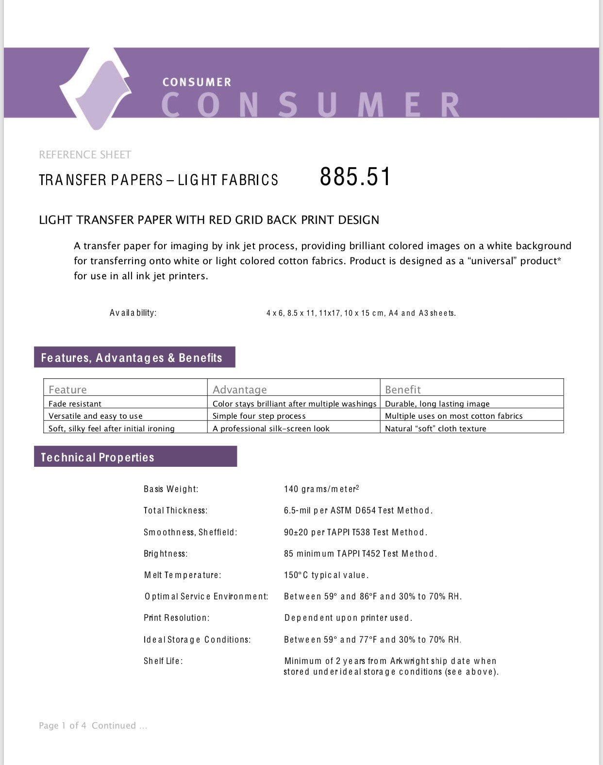 Transfer Paper for Light Fabrics 11x17