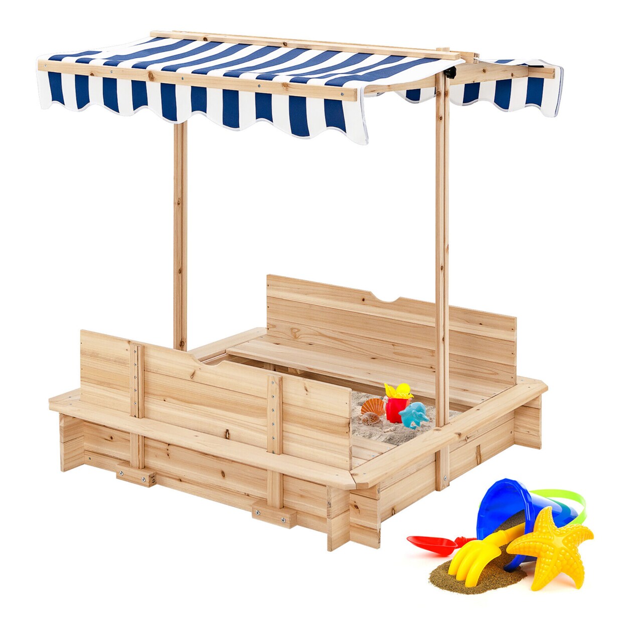 Gymax Kids Wooden Sandbox with Canopy and Foldable Bench Seats