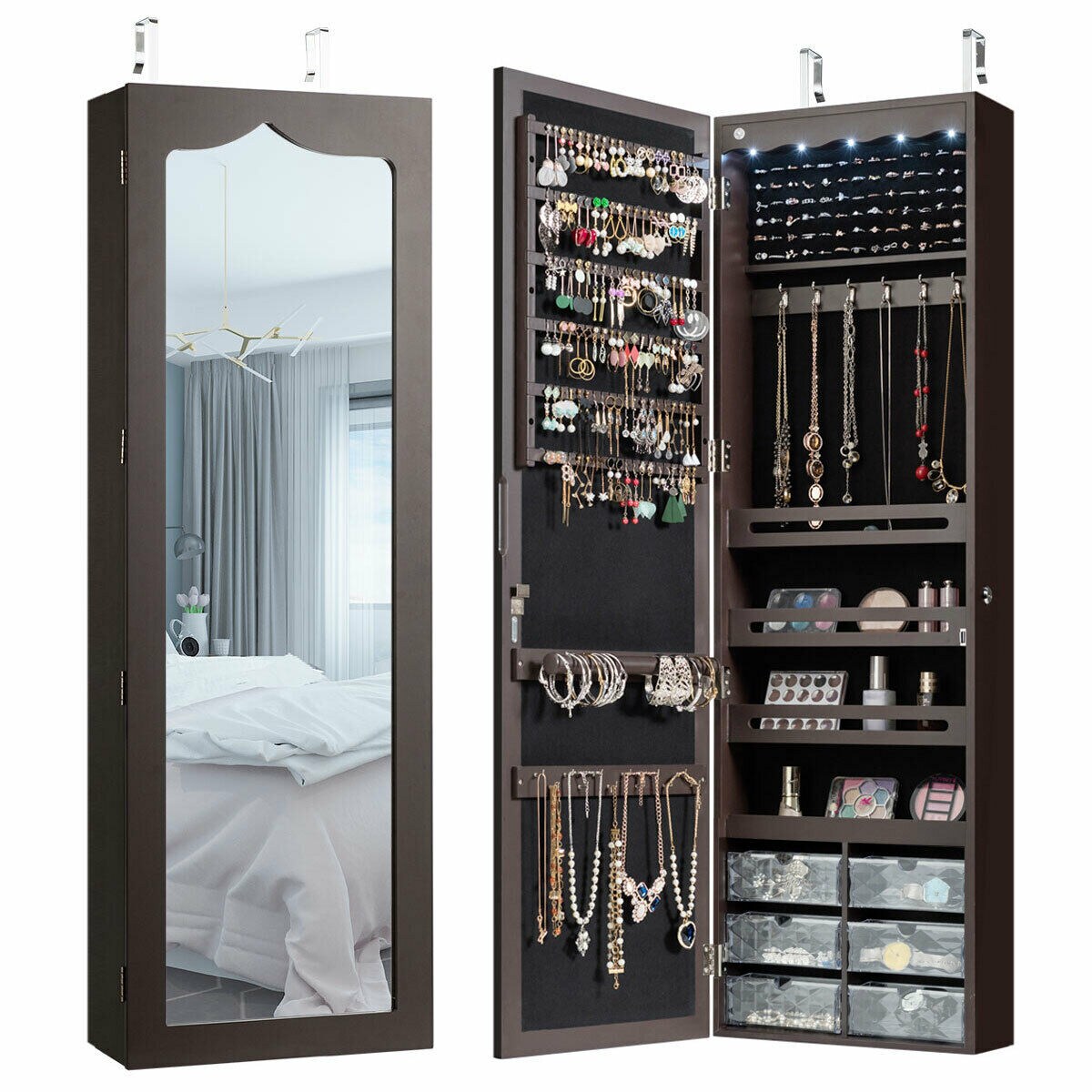 Gymax Wall Door Mounted Jewelry Cabinet Organizer LED Mirror Brown