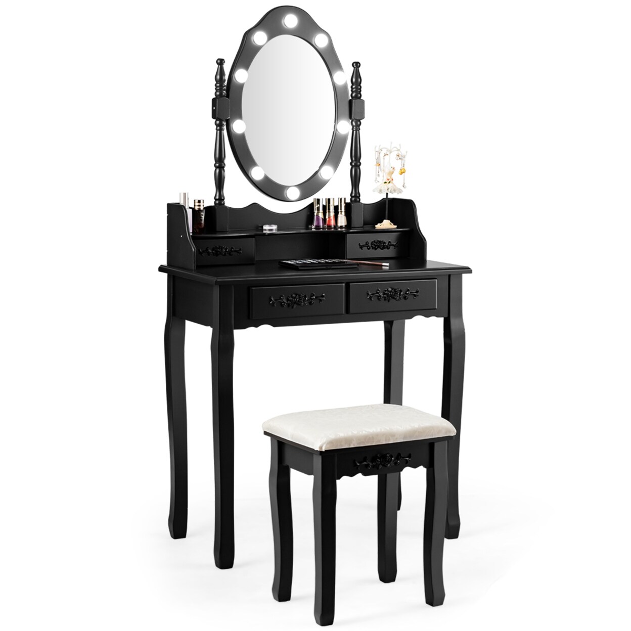 Gymax Makeup Vanity Dressing Table Set w/10 Dimmable Bulbs Cushioned Stool