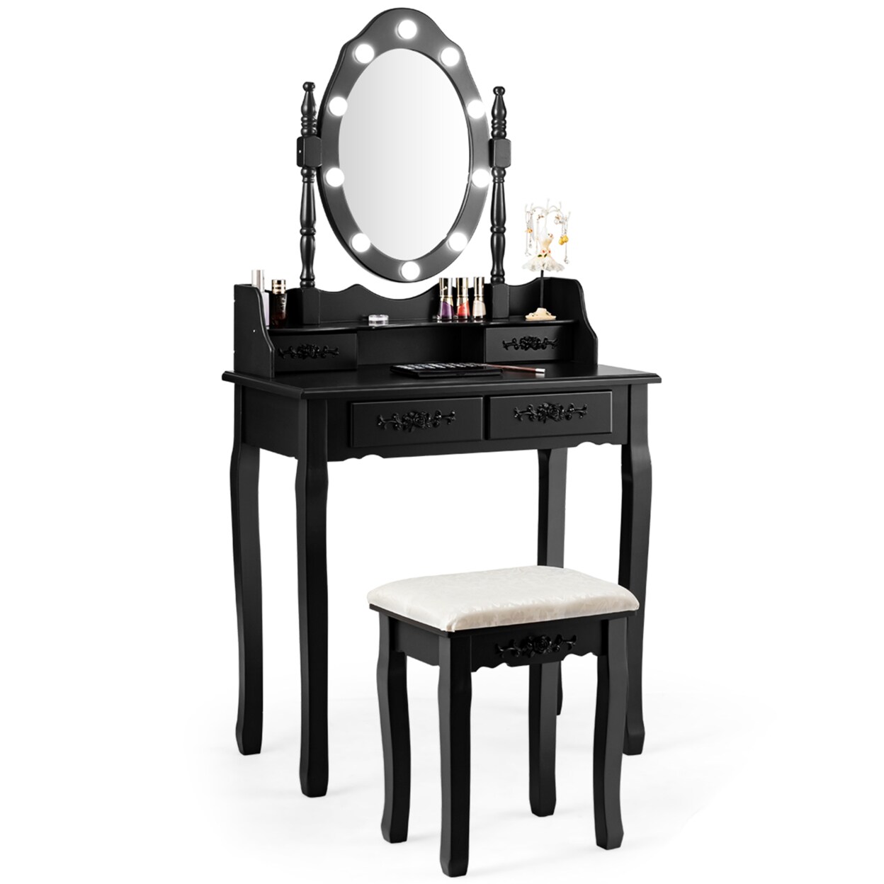 Makeup Vanity Dressing Table Set W/10 Dimmable Bulbs Cushioned Stool