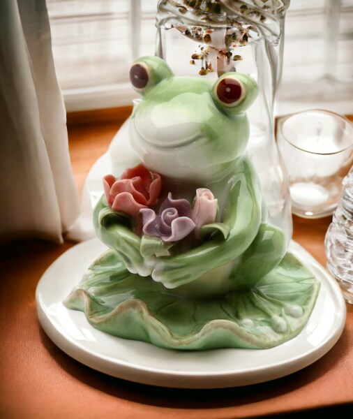 Ceramic Frog With Flowers Figurine, Home D&#xE9;cor, Gift for Her, Mom, Spring D&#xE9;cor, Cottagecore, Nature Lover Gift