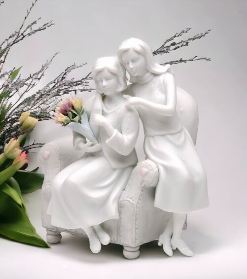 Ceramic Mother And Daughter White Bisque Figurine with Colorful Flower Bouquet, Gift for Mom, Mother&#x27;s Day Gift, Home Decor