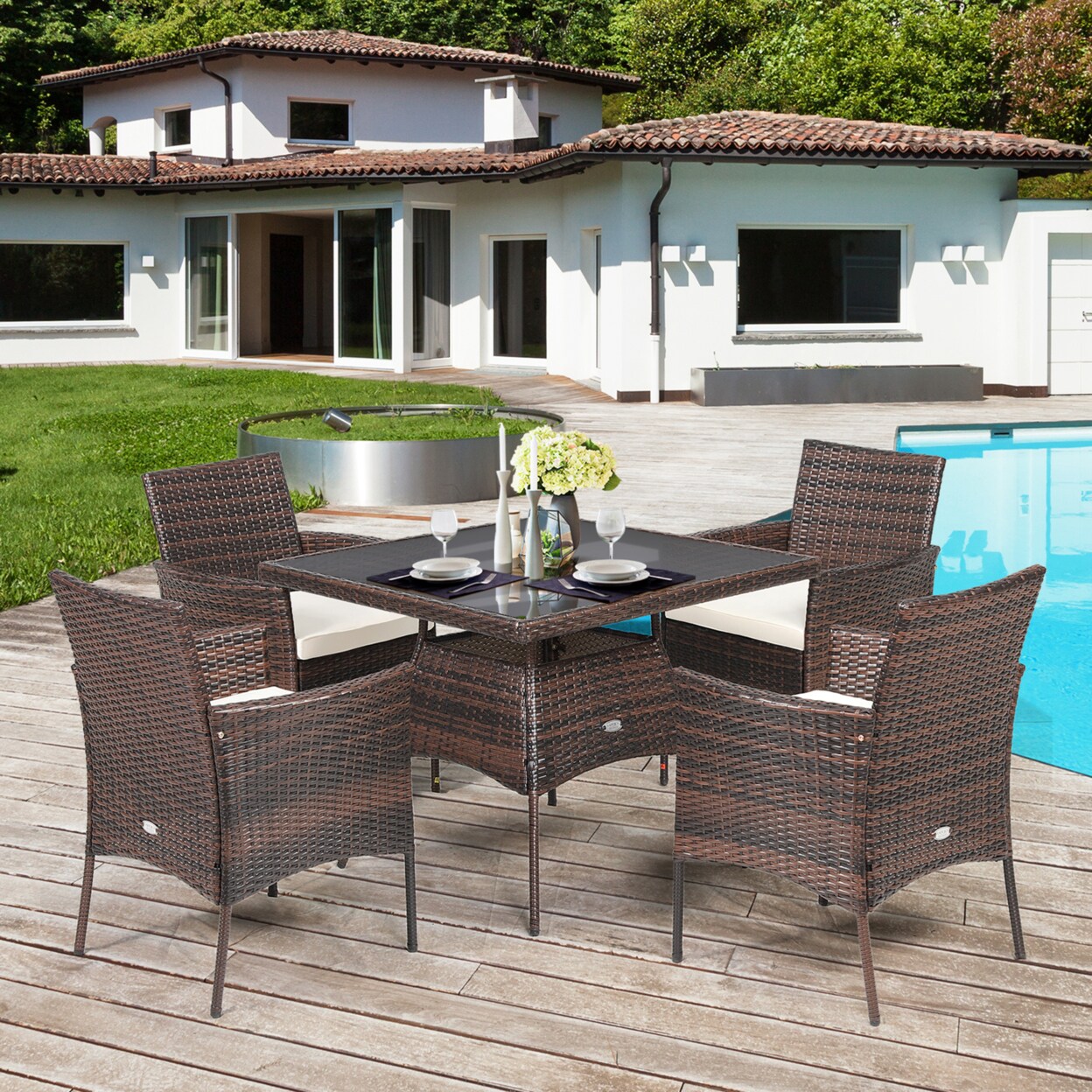 5Pcs Rattan Patio Dining Table Set Outdoor Furniture Set W/ 4 Seat Cushions