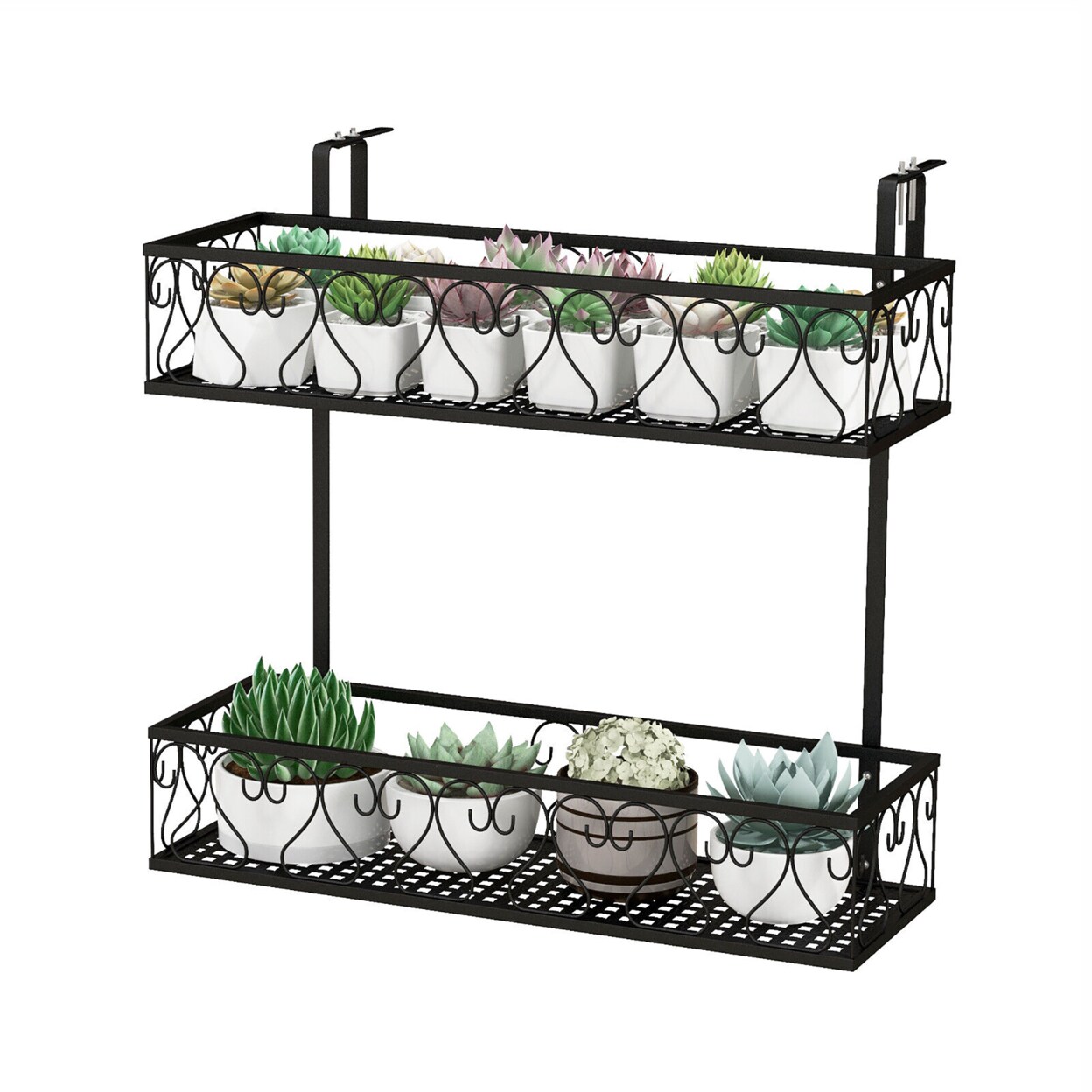 2-Tier Flower Pot Holder Balcony Hanging Rack Railing Shelf W/ Adjustable Hooks