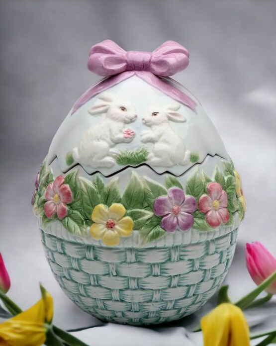 Ceramic Egg Shaped Cookie Jar with Bunny Rabbits and Flowers, Gift for Her, Gift for Mom, Kitchen D&#xE9;cor, Spring D&#xE9;cor, Easter D&#xE9;cor