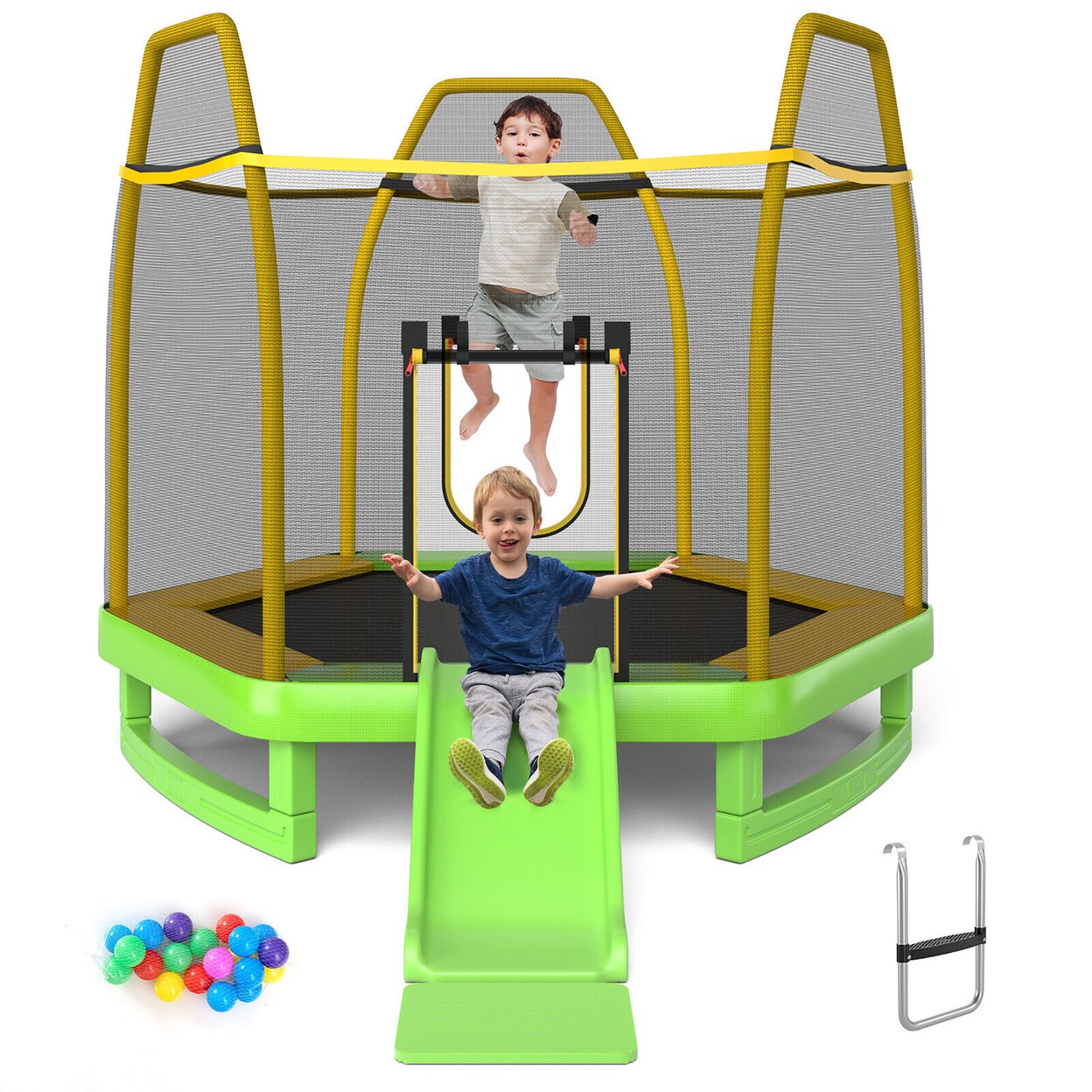 7Ft Kids Recreational Trampoline W/ Ladder And Slide Ocean Ball Indoor Outdoor
