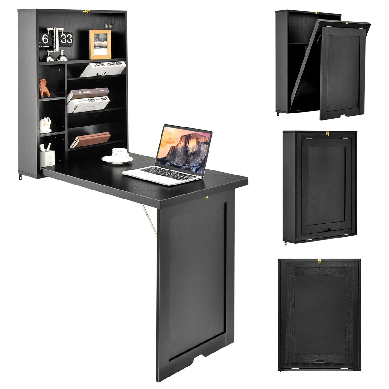 Wall Mounted Computer Convertible Desk Floating Desk W/ Storage Bookcases Black
