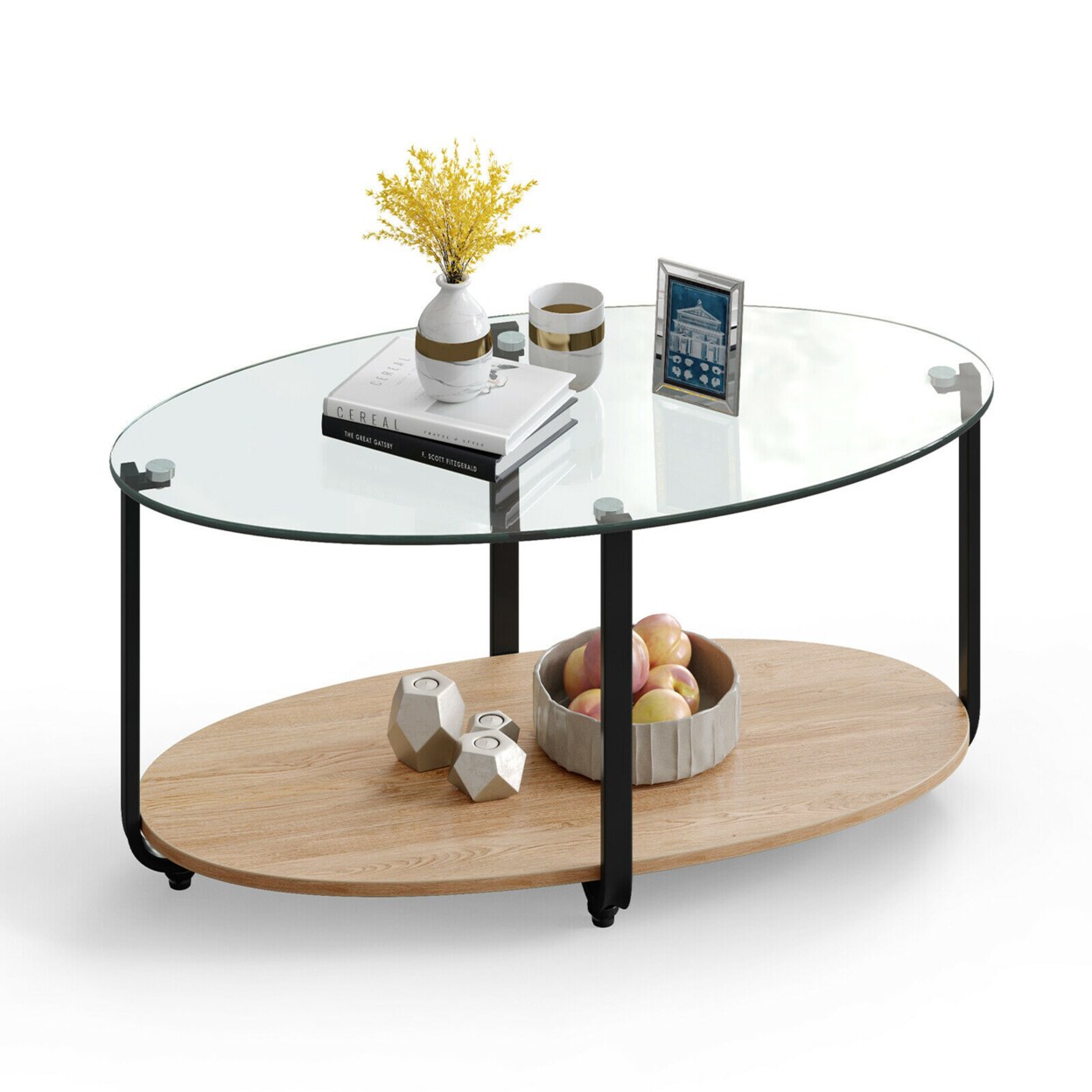 Gymax Glass-Top Coffee Table 2-Tier Modern Oval Side Sofa Table w/ Storage Shelf
