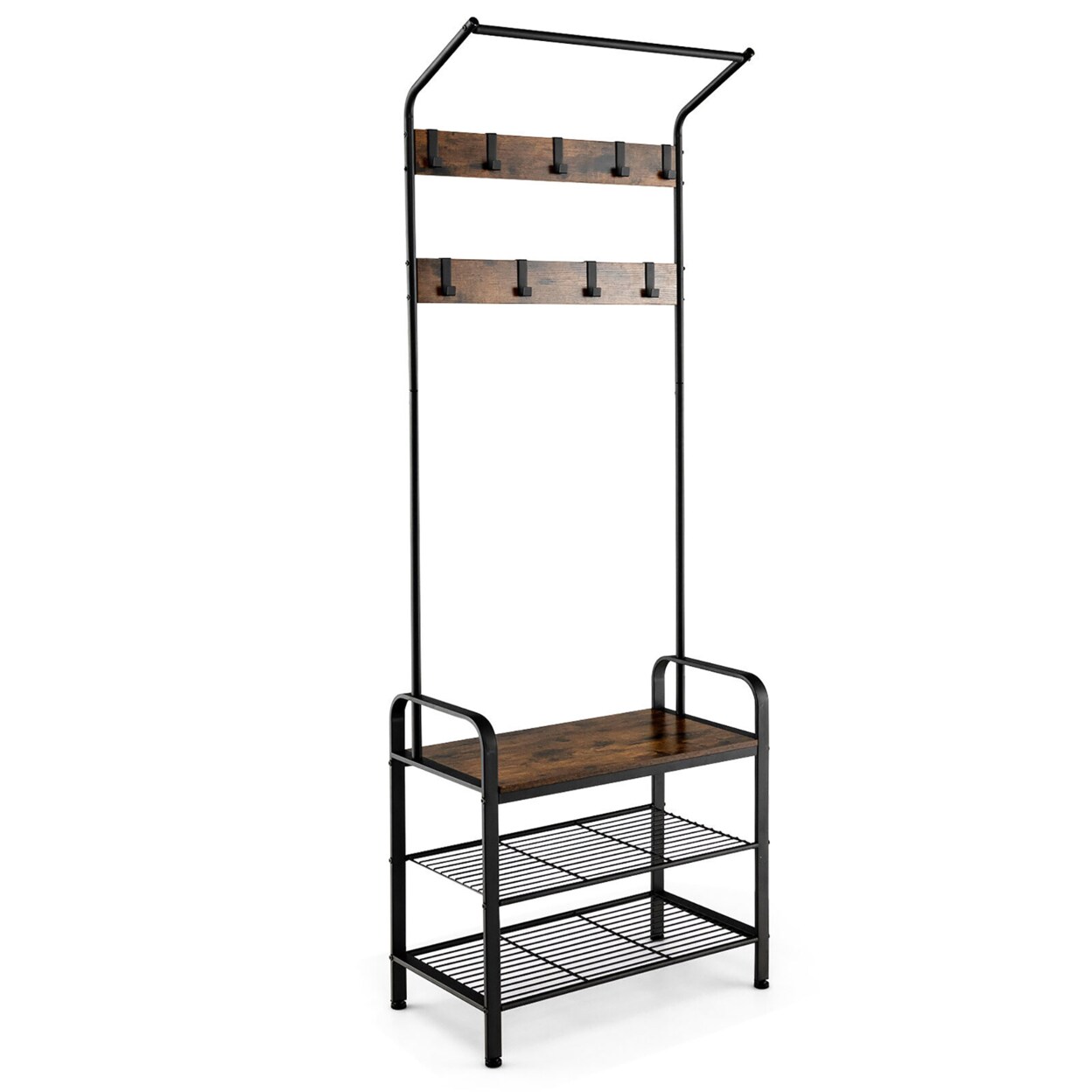 Gymax 3-in-1 Industrial Hall Tree Coat Rack Shoe Bench w/ Storage Shelf &#x26; 9 Hooks