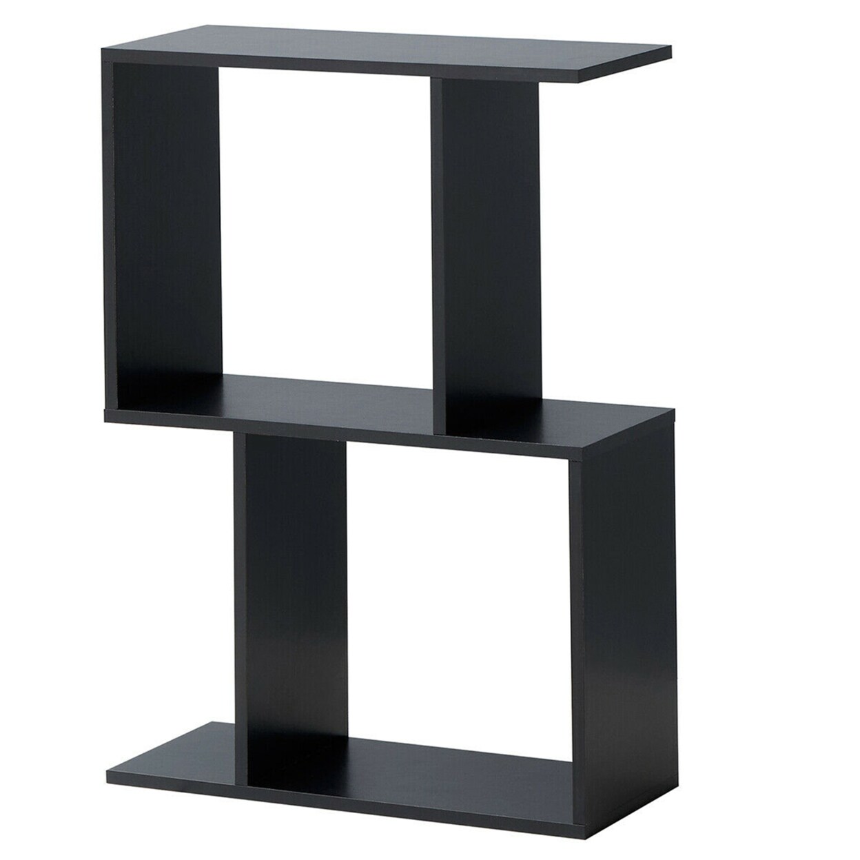 Gymax 2-tier S-Shaped Bookcase Free Standing Storage Rack Wooden Display Decor Black