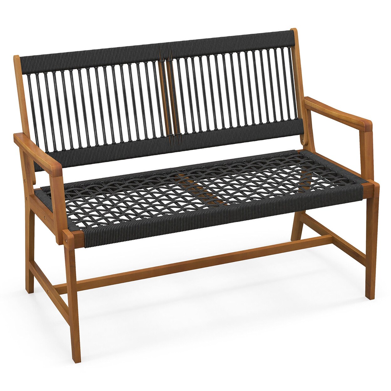 Patio 2-Person Acacia Wood Bench All-Weather Rope Woven Outdoor Garden Natural