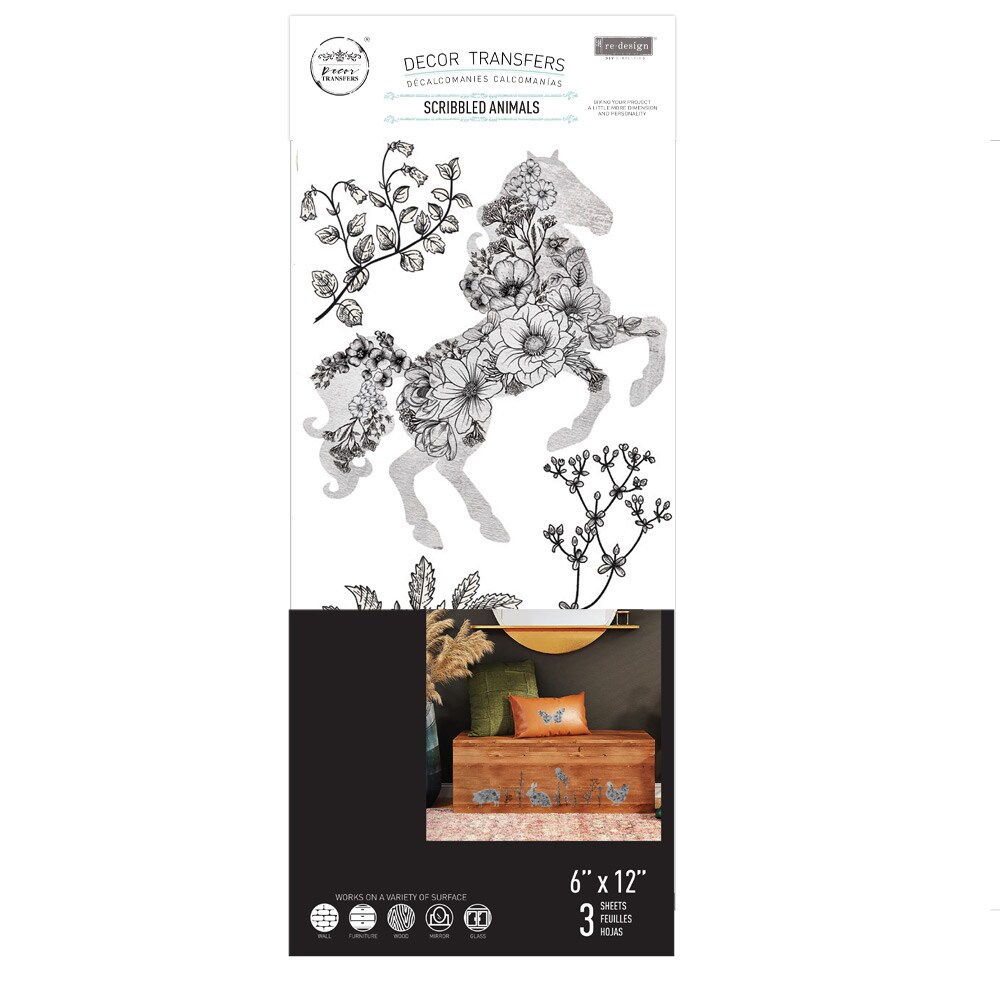 Scribbled Animals - Small Transfers 6"x12" 3 sheets Rub on Transfers for Furniture Vintage Rub on Transfers Stickers for Crafts Classic Spring Summer Autumn Decoration Transfers