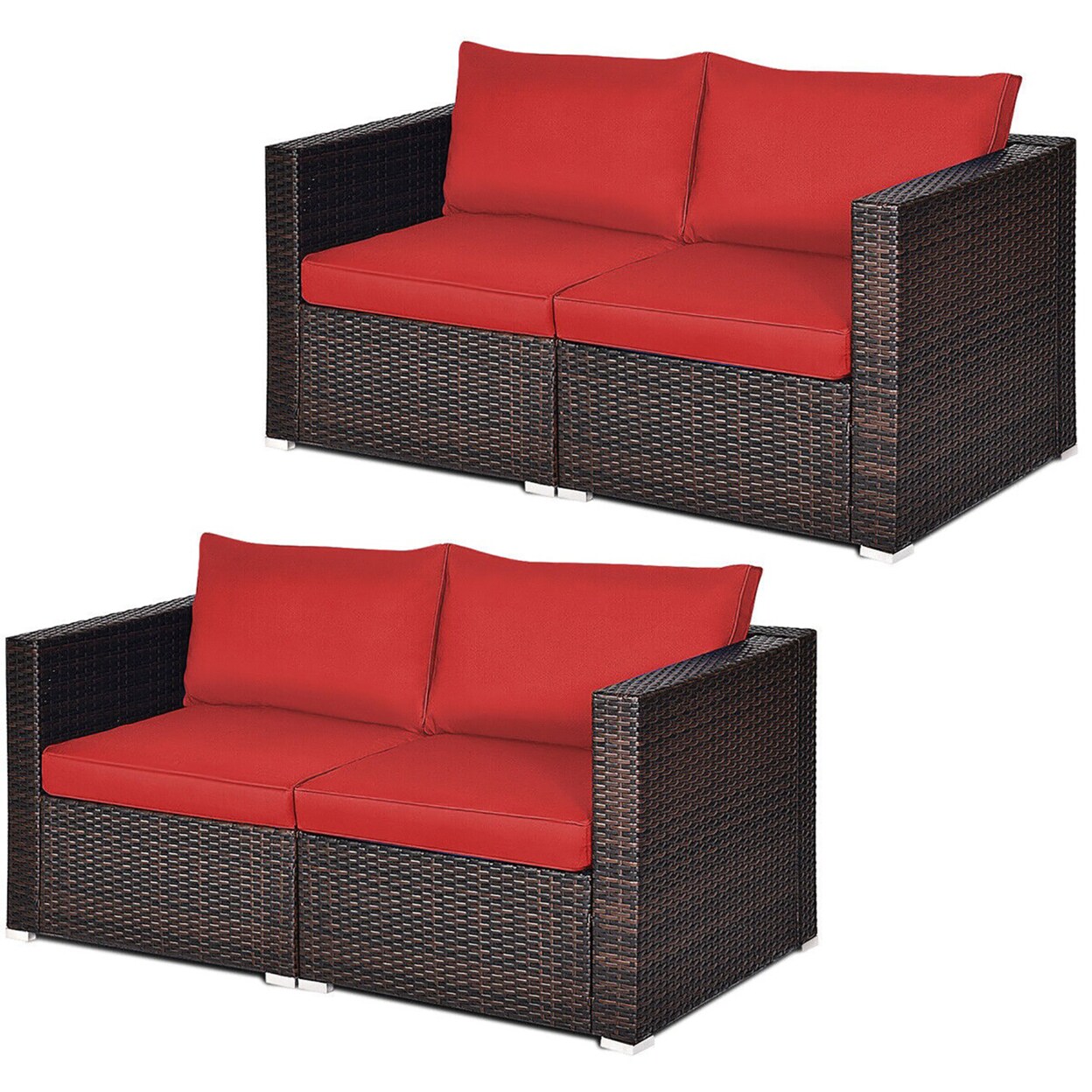 Gymax 4PCS Rattan Corner Sofa Set Patio Outdoor Furniture Set w/ Red Cushions