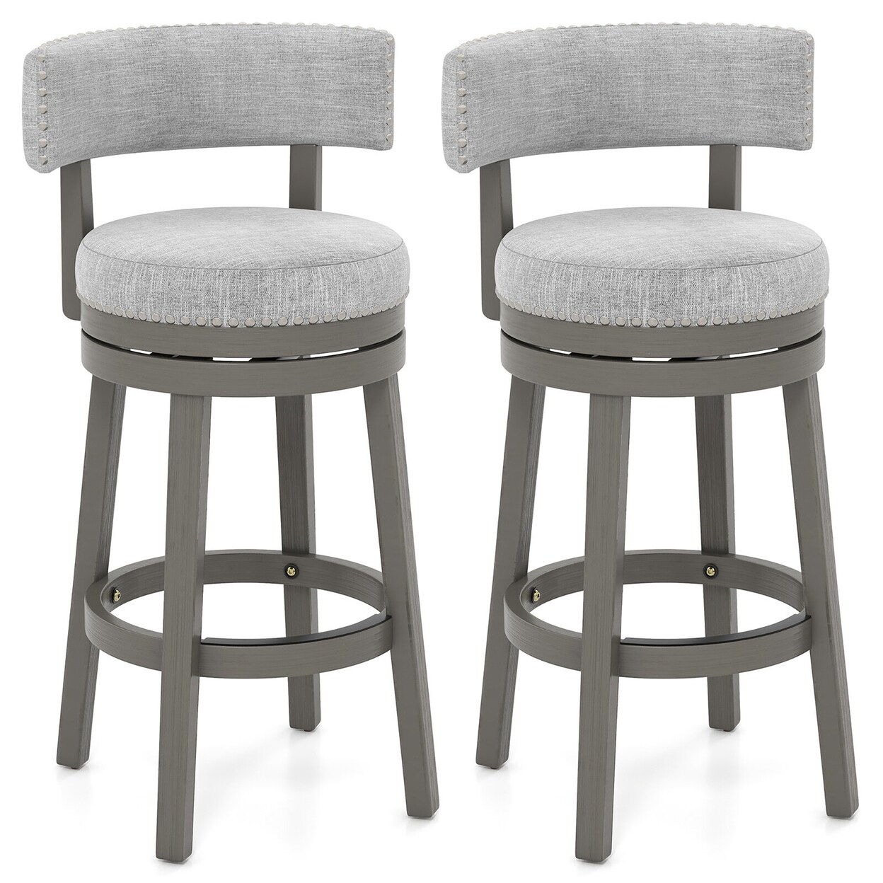 Set Of 2 Upholstered Swivel Bar Stools Wooden Bar Height Kitchen Chairs Grey