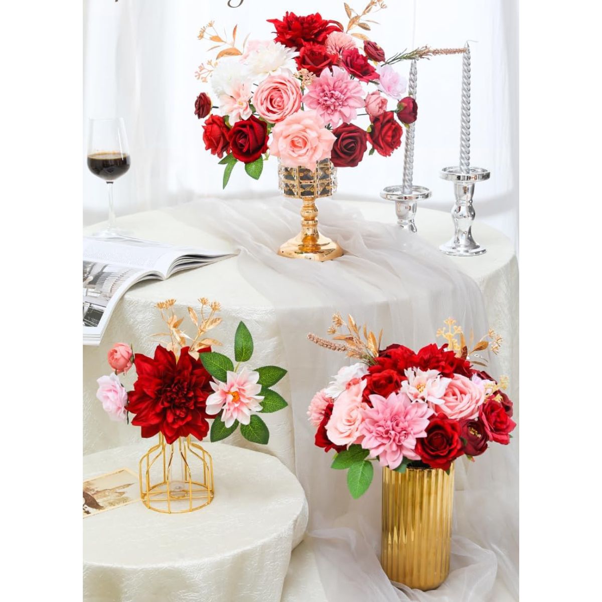 Silk Flowers Dahlia Roses with Stems for Wedding, Bridal Bouquets & Floral Arrangement