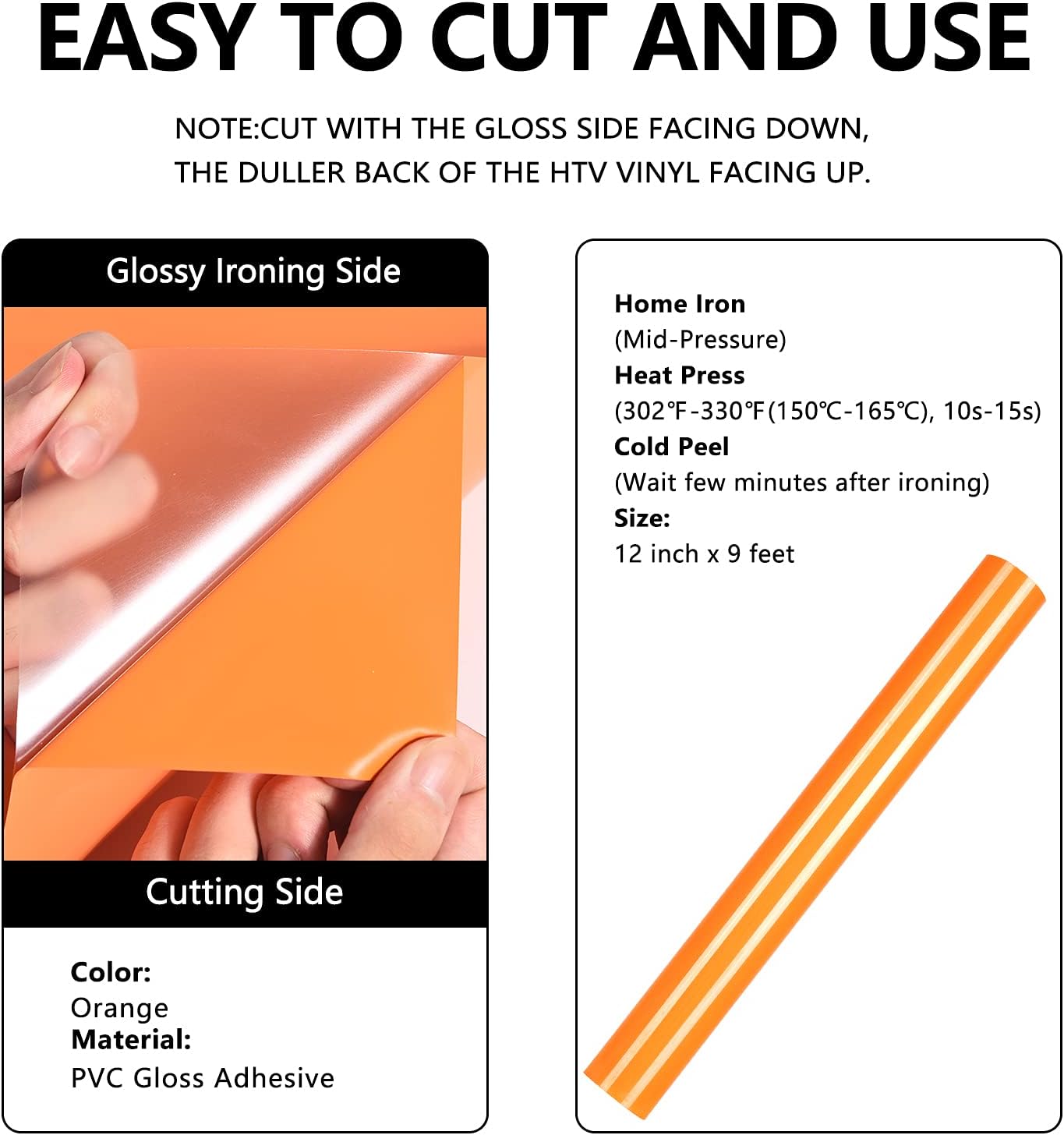 Orange HTV Heat Transfer Vinyl Rolls, 12&#x22; x 9ft Glossy Orange Iron on Vinyl for T-Shirt, Adhesive Orange HTV Vinyl for All Cutter Machines Easy to Cut &#x26; Weed for Heat Vinyl Design