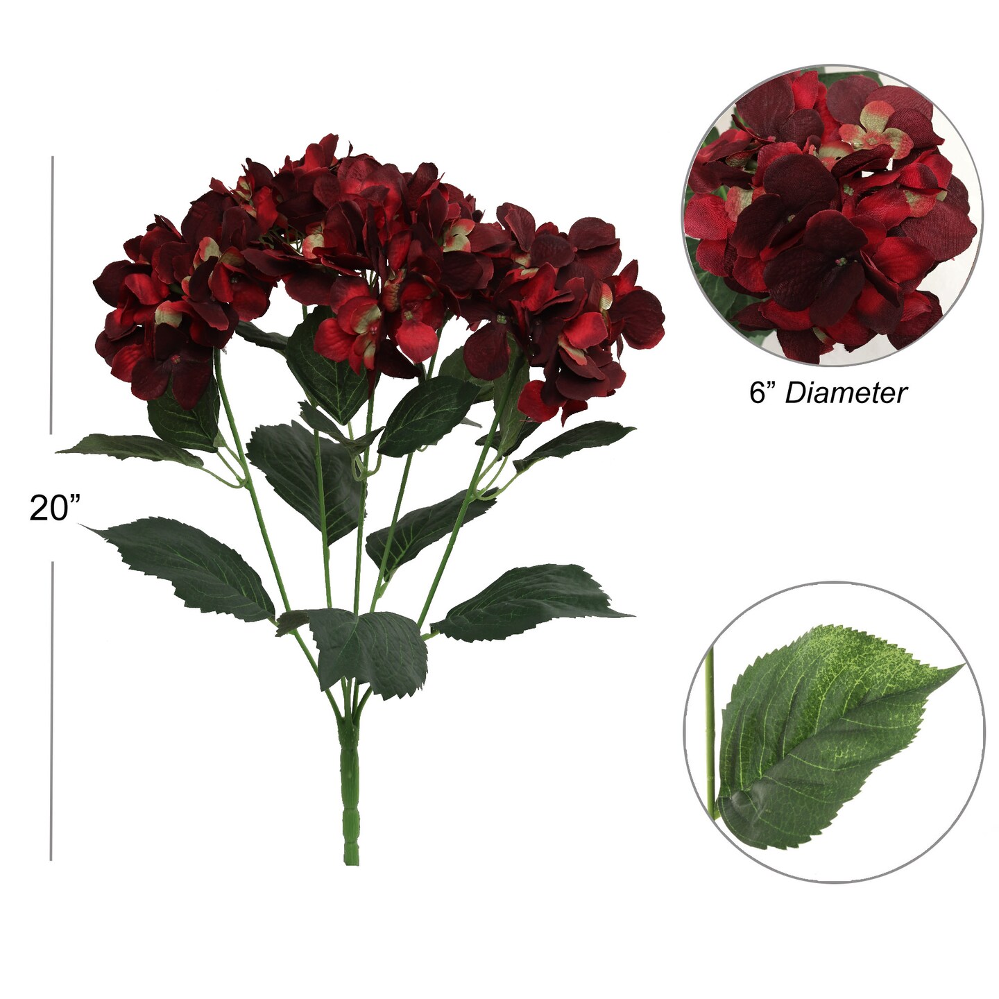 21" Burgundy Hydrangea Bush 5 Silk Heads Faux Floral for Indoor/Outdoor Home & Event Decor