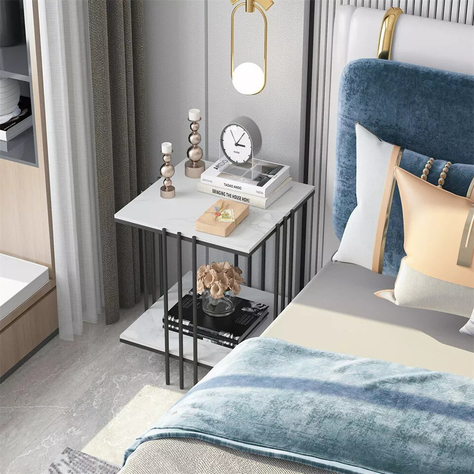 Modern Glam Marble Square Accent Side Table 2-Tier Coffee Table w/ Storage Shelf