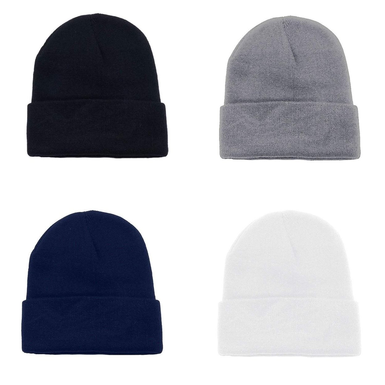 4 Pack Long Cuffed Unisex Beanies Skullies 100% Acrylic Warm Winter Hats