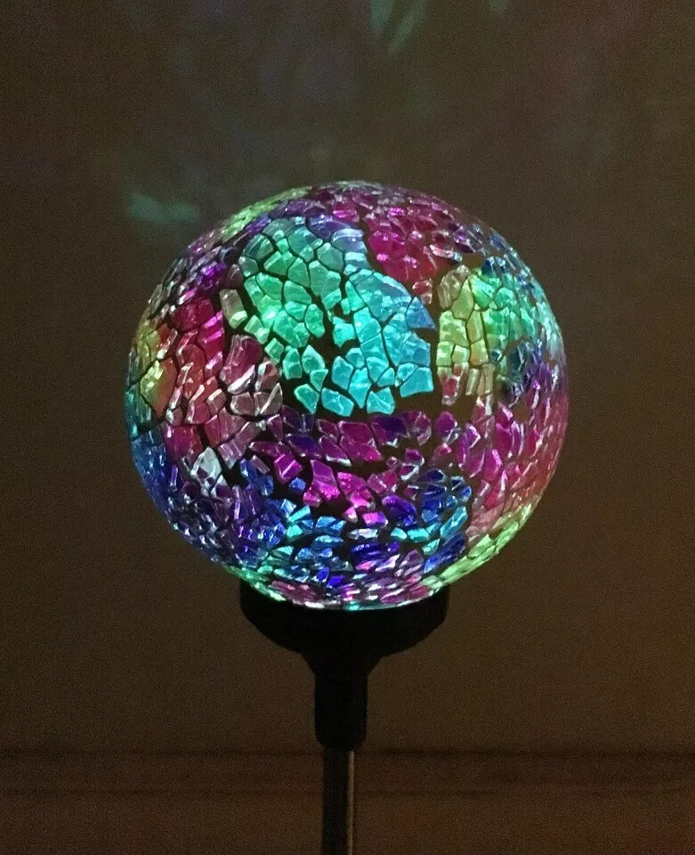 Solar Mosaic Glass Ball Garden Stake Color Change LED Light Outdoor Yard Decor
