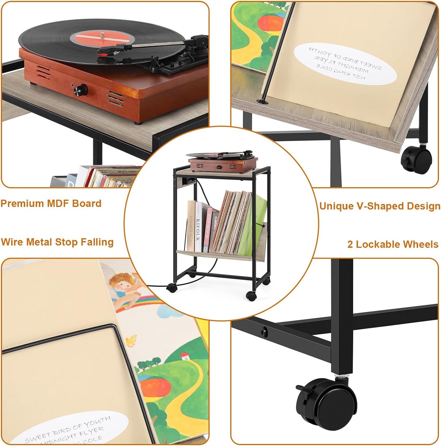 Record Player Holder Stand End Table with Vinyl Storage