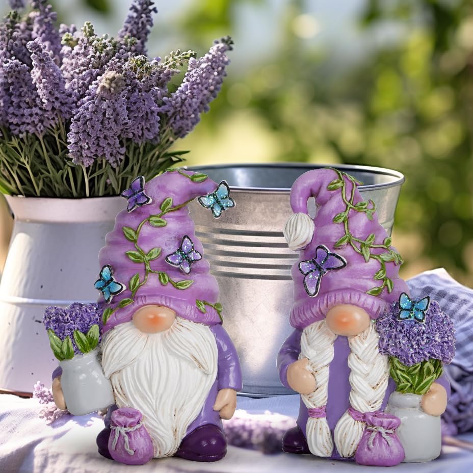 2 pieces Swedish Tomte Elf Dwarf Figurines Summer Gnome Indoor Home Decor Gift (Lavender).