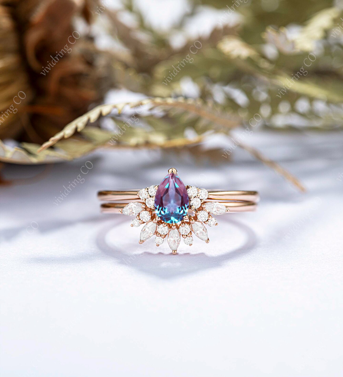 Vintage Alexandrite engagement ring set women 14k rose gold Unique Pear shaped engagement buy ring diamond wedding ring Bridal anniversary ring