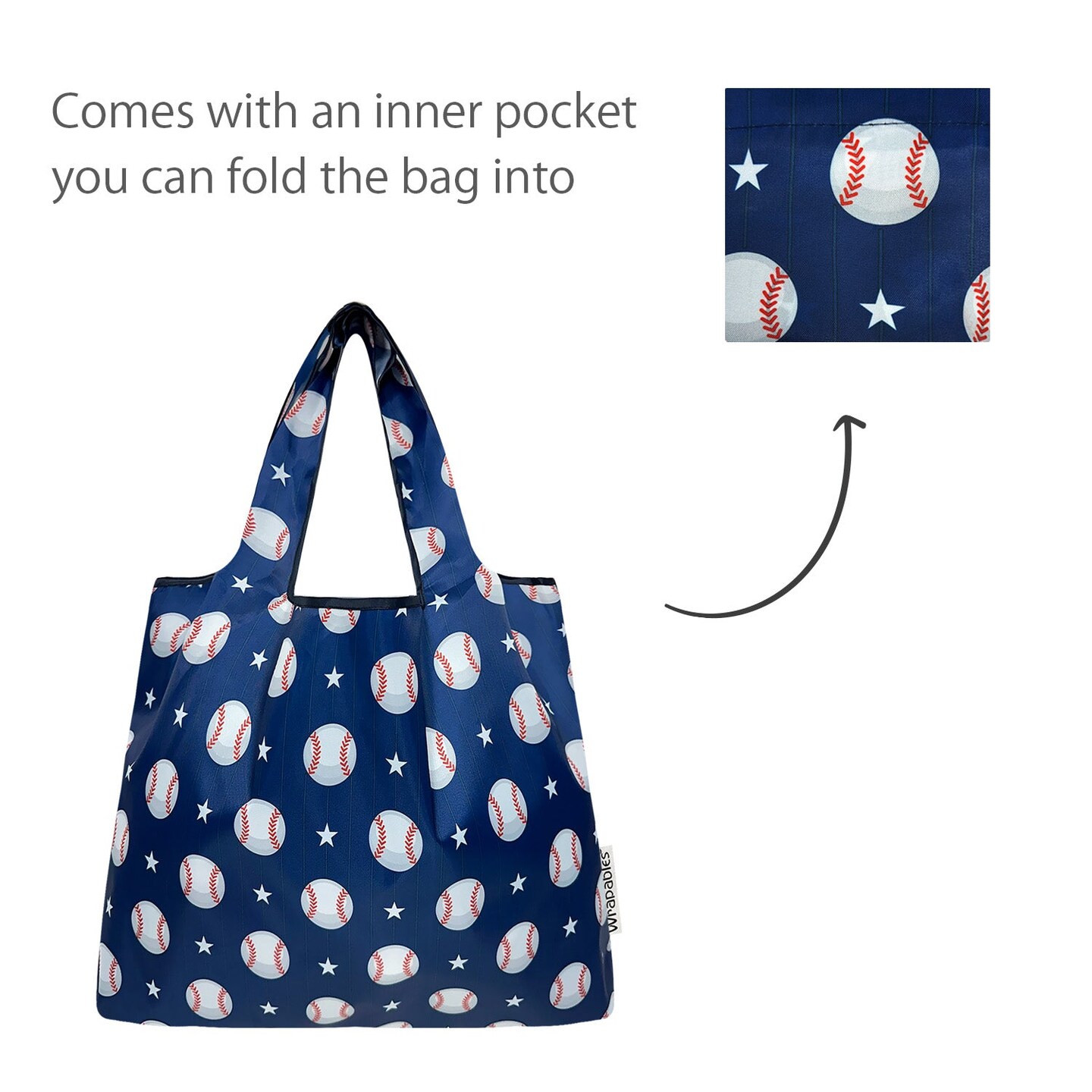 Wrapables Medium Foldable Tote Nylon Reusable Grocery Bag (Set of 2), Baseball