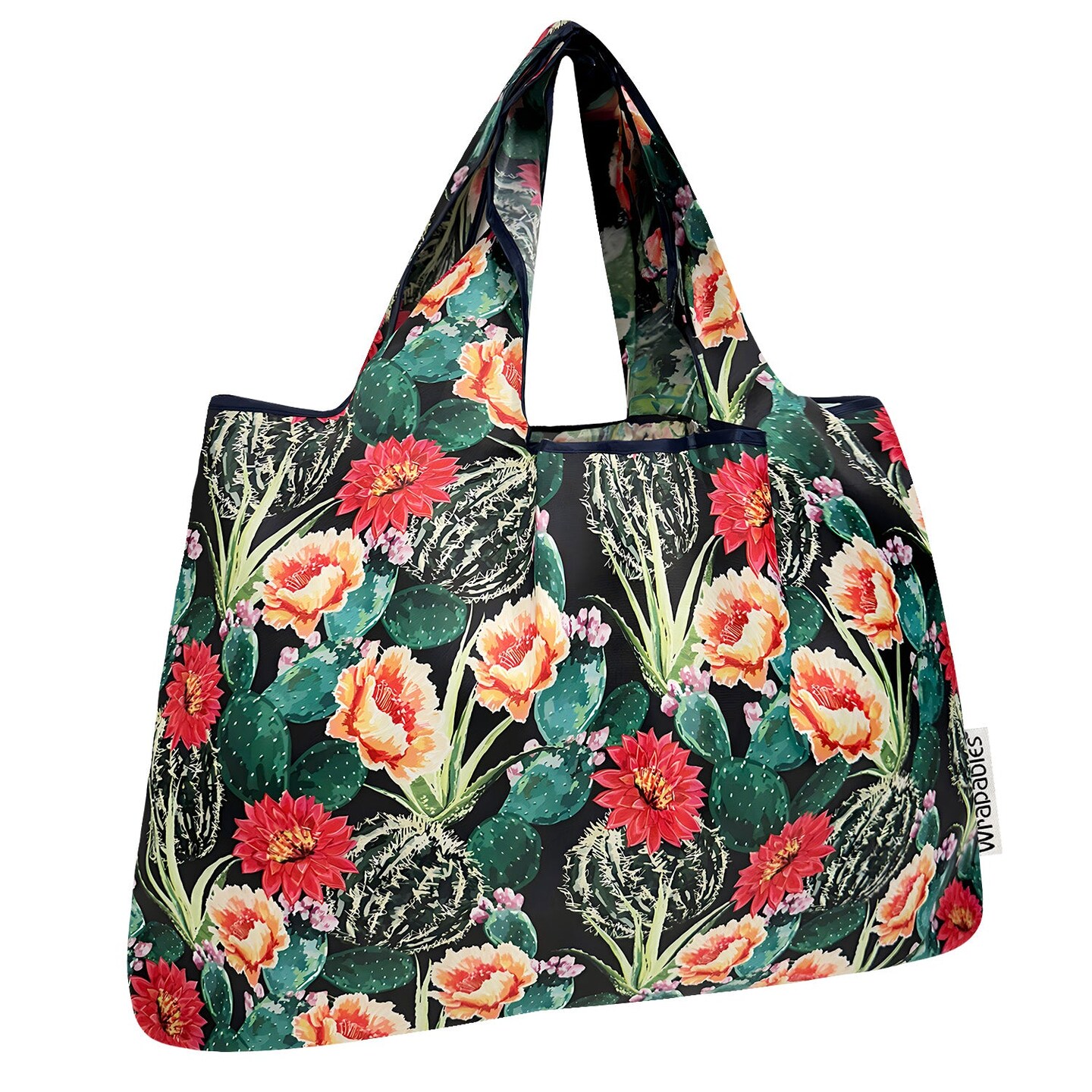 Wrapables Large Foldable Tote Nylon Reusable Grocery Bags, Floral Cactus