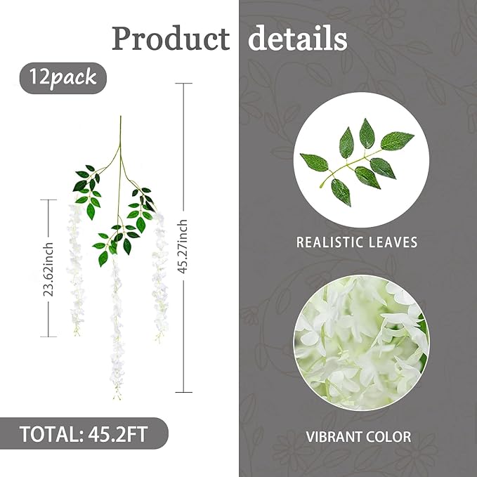 12pcs Artificial Wisteria Vine Hanging Rattan Garland Silk Flower for Wedding Party Home Garden Outdoor Ceremony Floral D&#xE9;cor, White