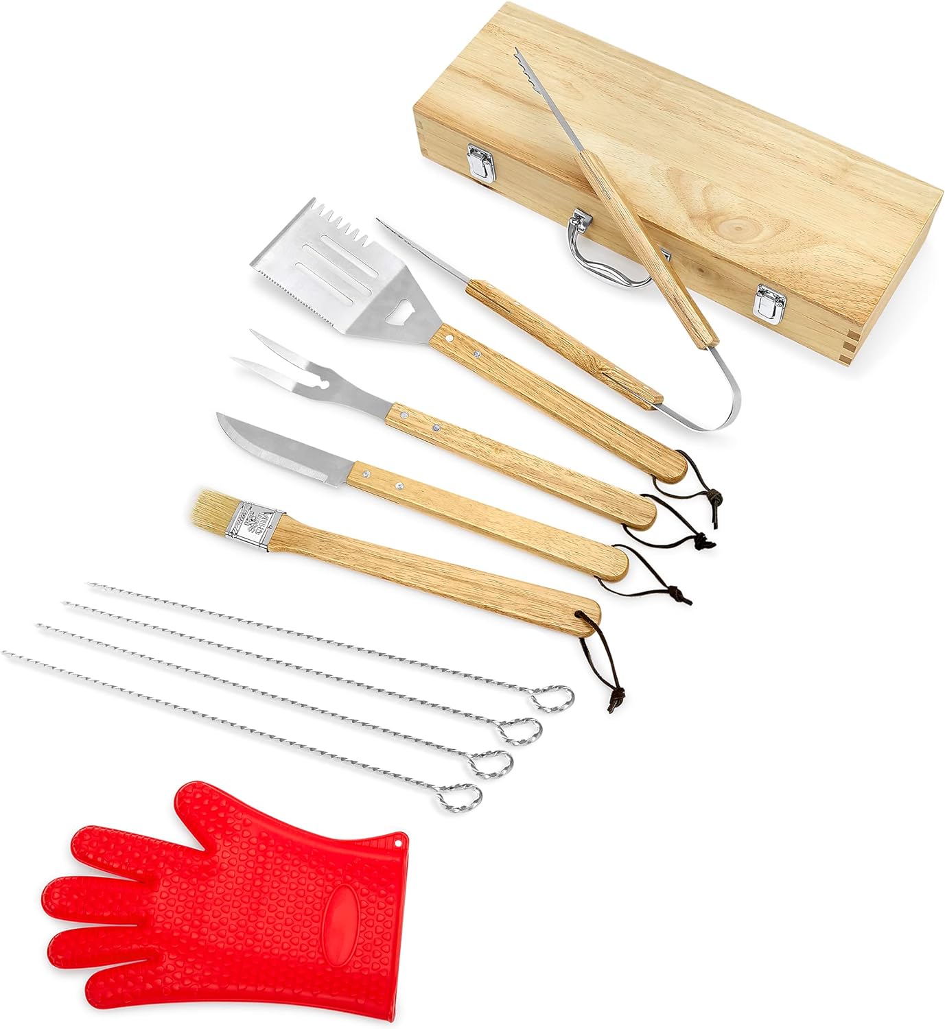 Makerflo 11 Pcs BBQ Grill Accessories Set Barbecue Maple Wood Toolbox Stainless Steel Grill Utensils | Camping Grilling Rust Free Kit Ideal for Craft- Laser Engraving Epoxy, UV DTF, Vinyl - Case of 6