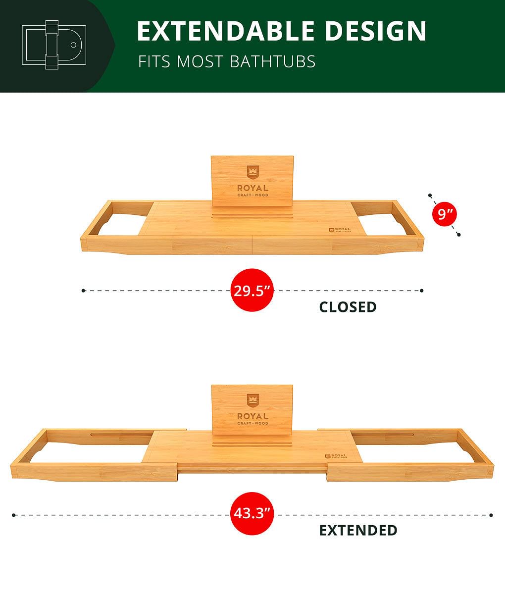 Bamboo Bathtub Caddy Tray Lite, Natural Bath Caddy for Bathtub - Royal Craft Wood