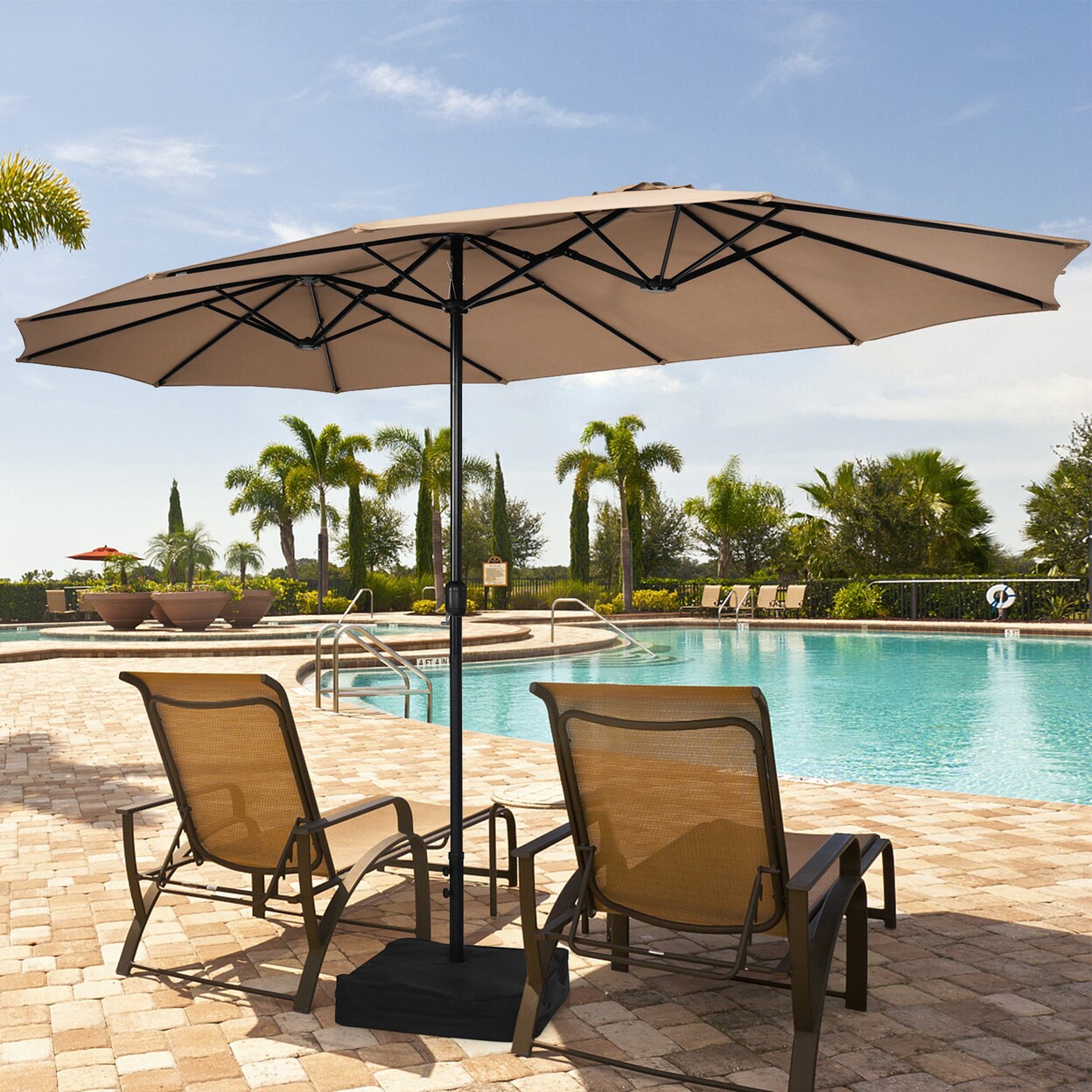15 Ft Double-Sided Patio Twin Umbrella Extra-Large Market Umbrella W/ Base,  Color: Coffee | Michaels
