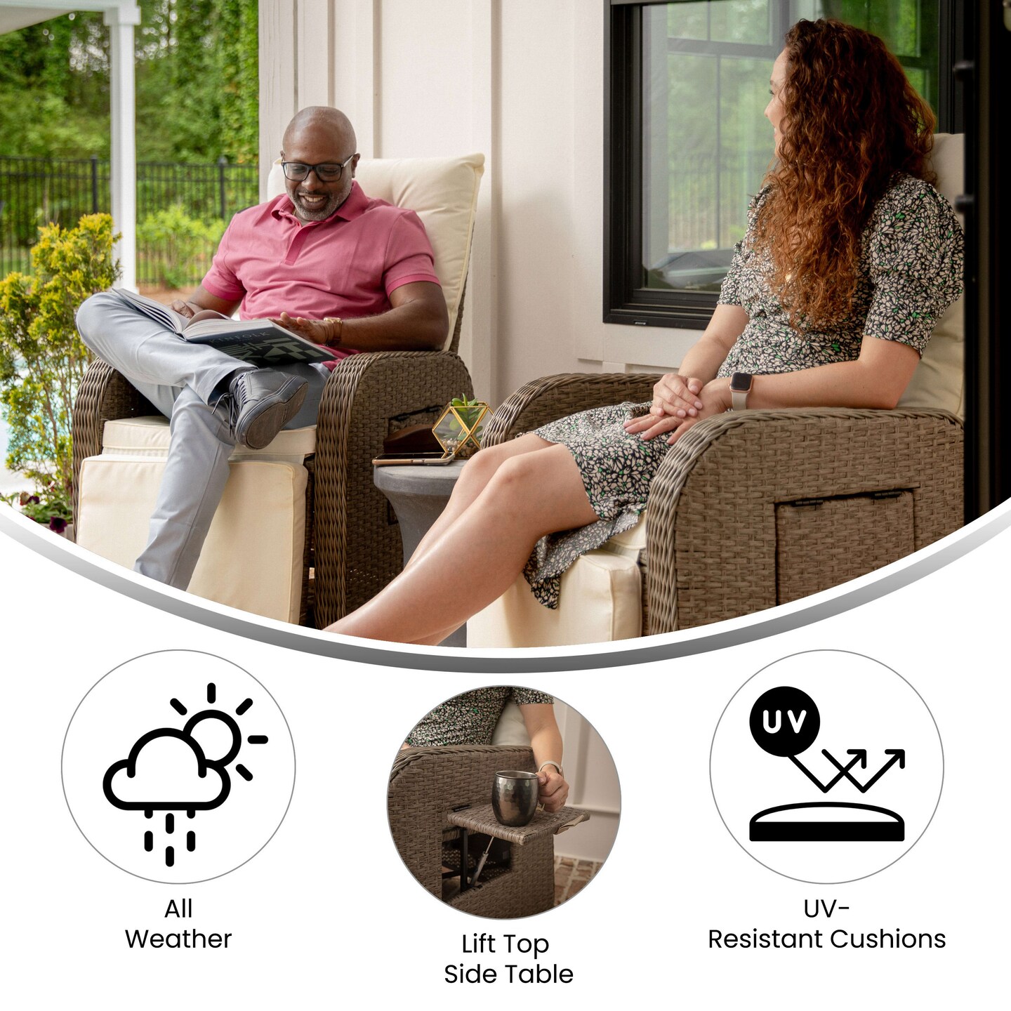 Merrick Lane Selci Set of 2 Modern Style Patio Wicker Rattan Indoor/Outdoor Recliner Lounge Chairs with Side Tables and Adjustable Backs