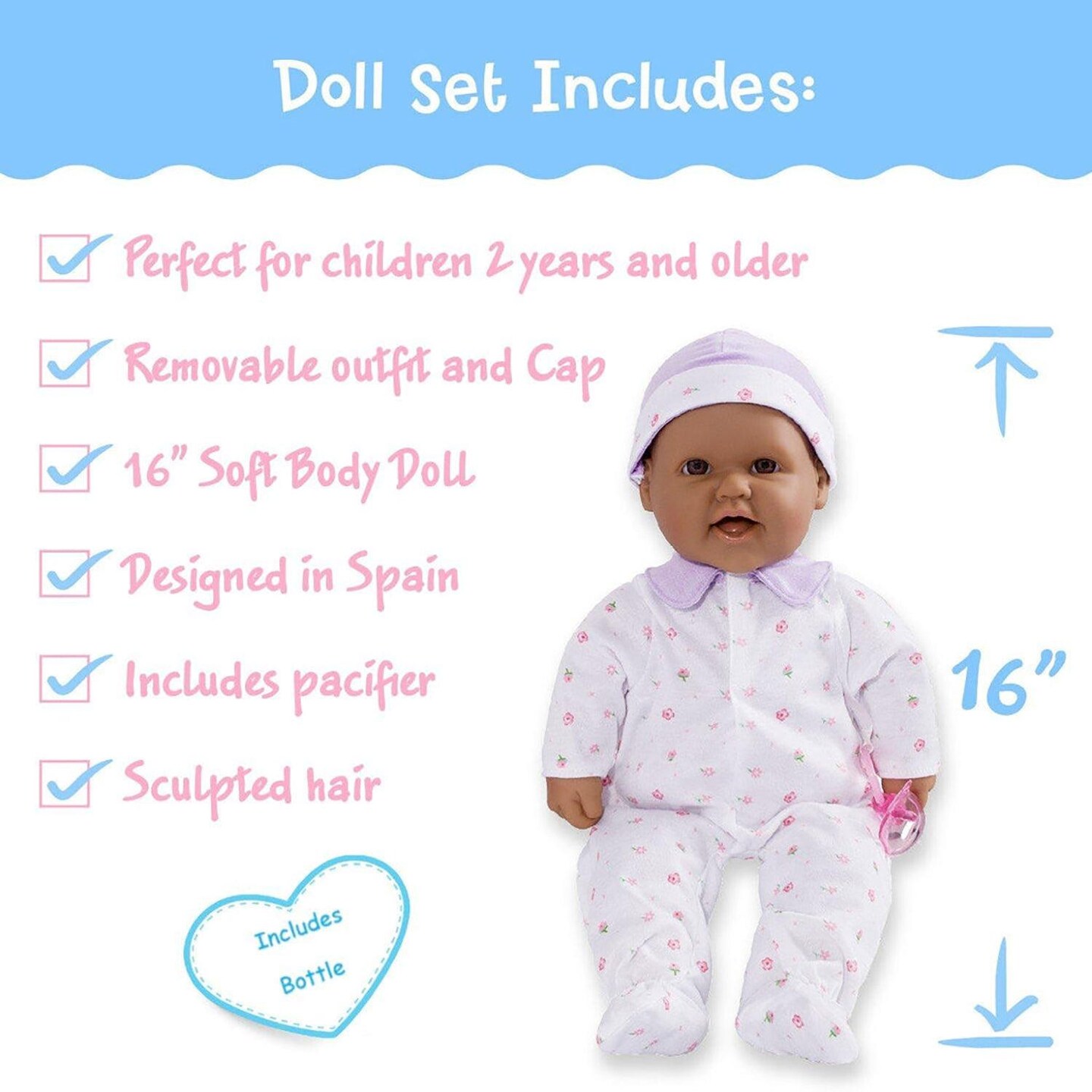 La Baby Soft 16&#x22; Baby Doll, Purple with Pacifier, Hispanic