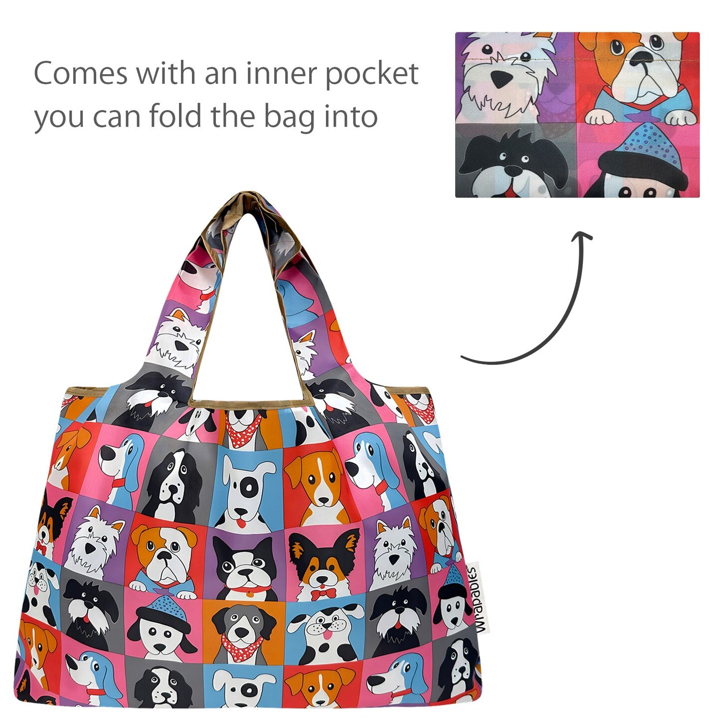 Wrapables Large Foldable Tote Nylon Reusable Grocery Bags, Cute Dogs