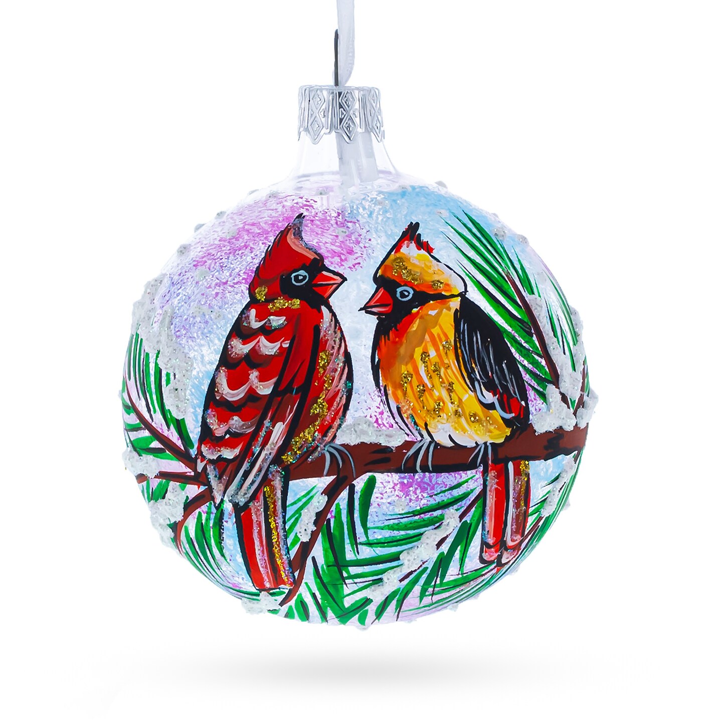 Two Cardinals in Snowy Scenery Glass Ball Christmas Ornament 3.25 Inches