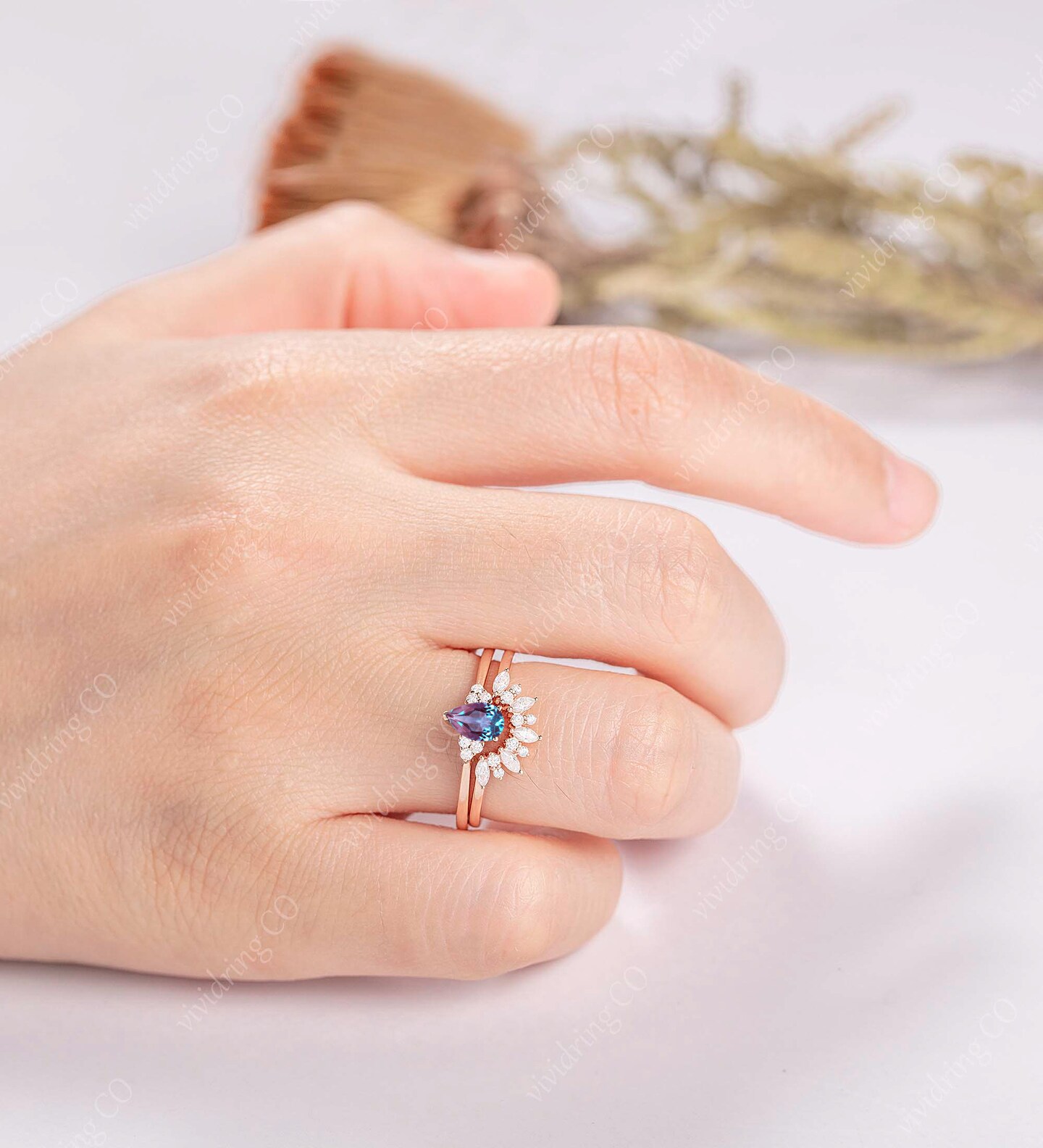 Pear shape lab alexandrite bridal set vintage Solid rose gold