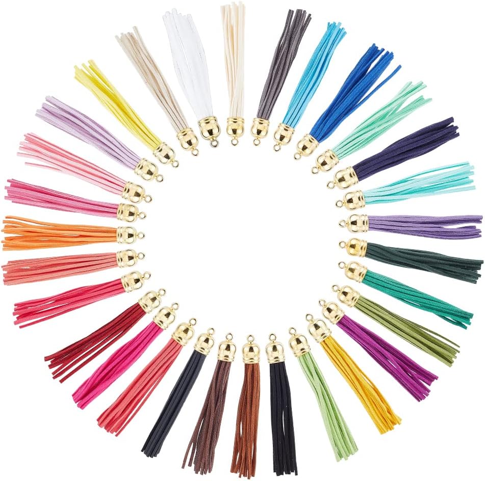 3.3"~3.5" Long Faux Leather Tassel, 30pcs Keychain Tassels 30 Colors Faux Suede Tassel Pendants Keychain Tassels with Loop for Keychain Cellphone Straps DIY Earring Jewelry Making