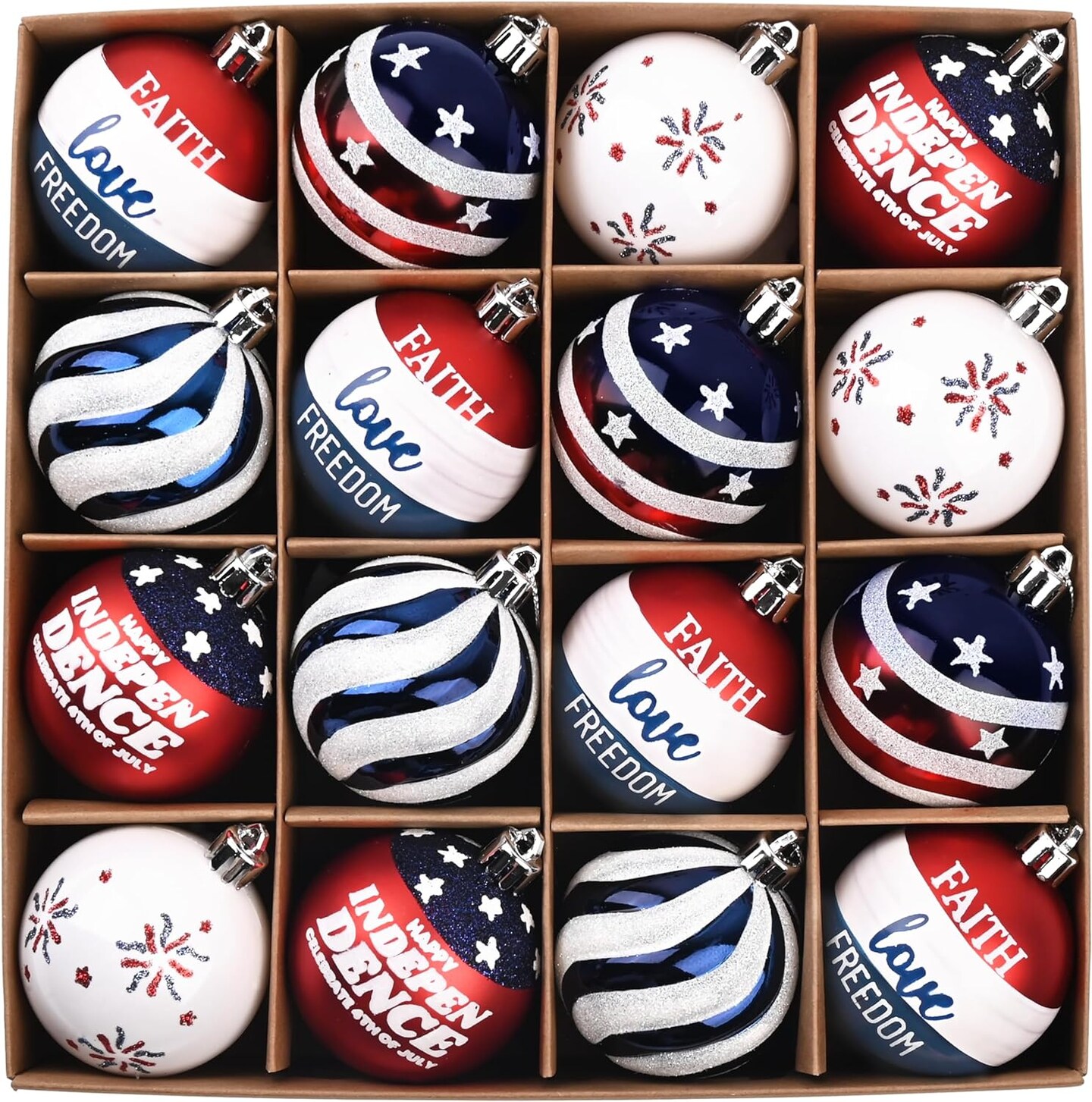 4th of July Decorations, Patriotic Ornaments for Tree Decor, 16ct 2.36&#x22; Red, White, and Blue