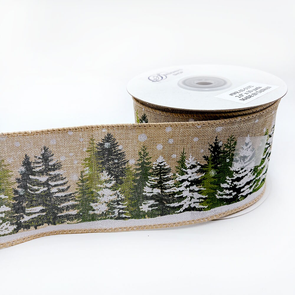 Designer&#x2019;s Shop WR 63-5192 Holiday Snowy Pine Trees Wired edge ribbon 2.5&#x201D; x 10 yard