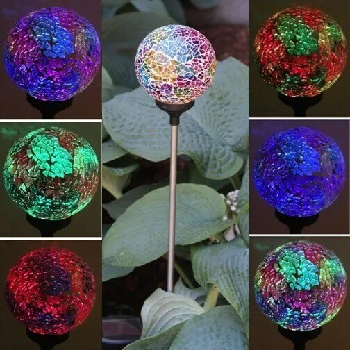 Solar Mosaic Glass Ball Garden Stake Color Change LED Light Outdoor Yard Decor