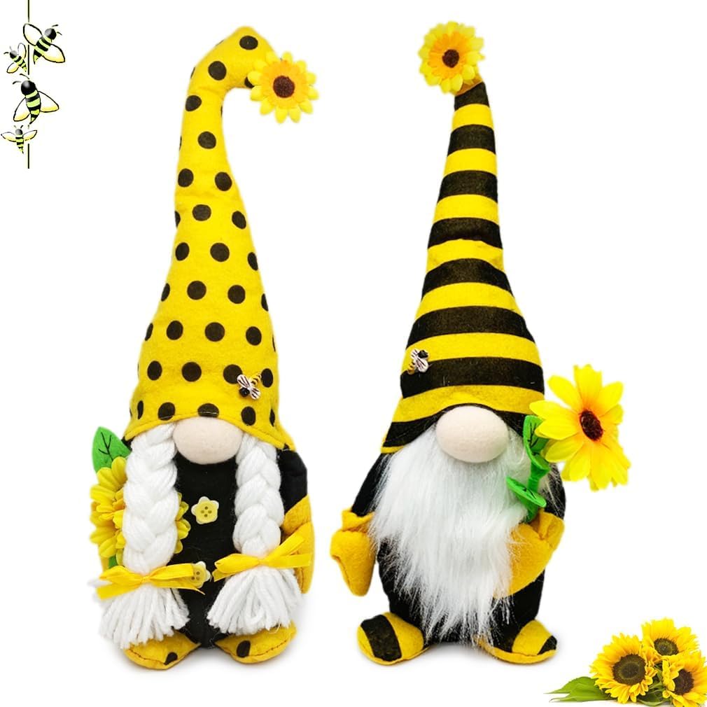 2 PCS Gnome Plush, Tall Size, Sunflower Bee Theme Gnome Ornament