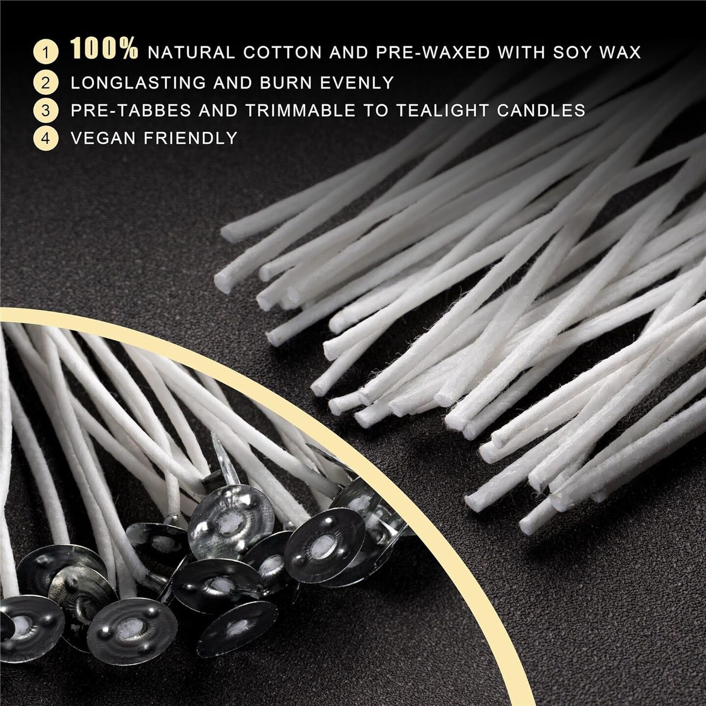 Candle Wicks 90 Pcs (4 Inch, 6 Inch, 8 Inch) with 2 Candle Wick Holders &#x26; 90 Wick Tab Stickers, Long Lasting Pre-Waxed &#x26; Tabbed Cotton Threads with No Black Smoke for Candle Making