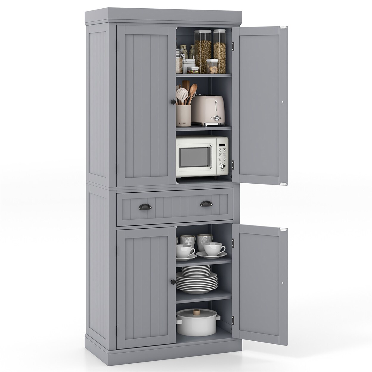 72 Kitchen Pantry Storage Cabinet Tall Freestanding Cupboard W/ 4 Doors Large Drawer Gray