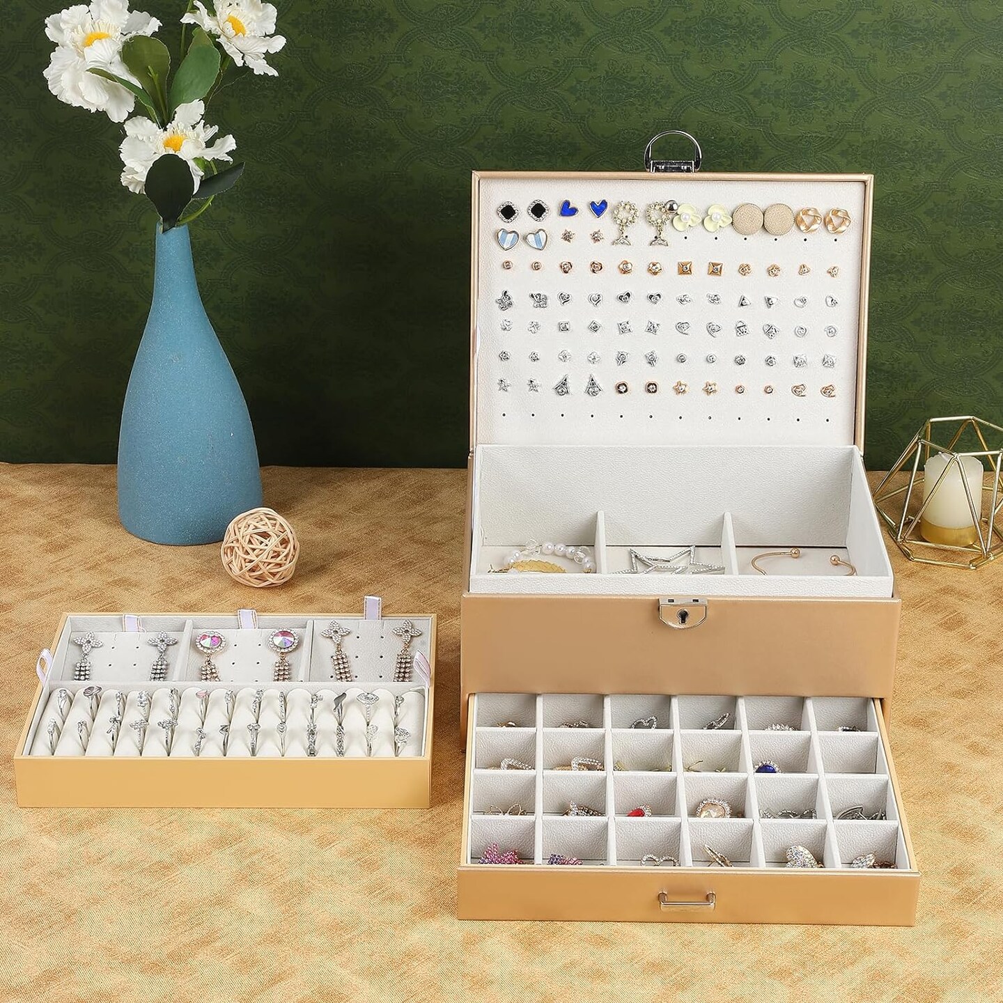 5-Layer Earring Jewelry Box with Lock – Stud, Necklace, Ring Organizer for Women and Girls