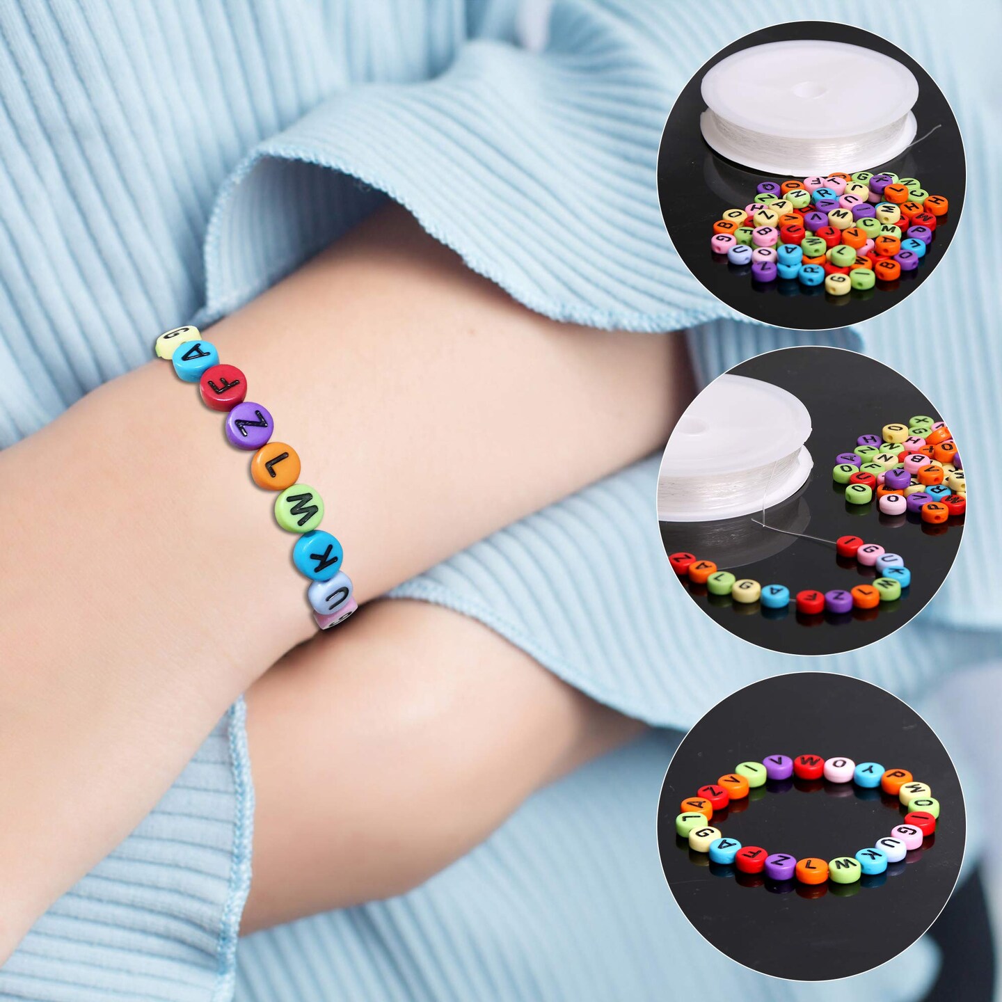 1900 Pieces 7 Colors Round Letter Beads Acrylic Alphabet Number Beads with 1 Roll Elastic Crystal String Cord for Jewelry Making DIY Necklace Bracelet (7x4mm)