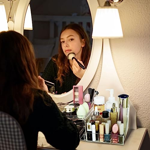 Clear Makeup Organizer with Drawers, Bathroom Countertop Organizer and Storage, Ideal for Dorm Room Desk Dresser Vanity, Great for Cosmetics, Toiletries, Skincare, Brush, Nail Supplies